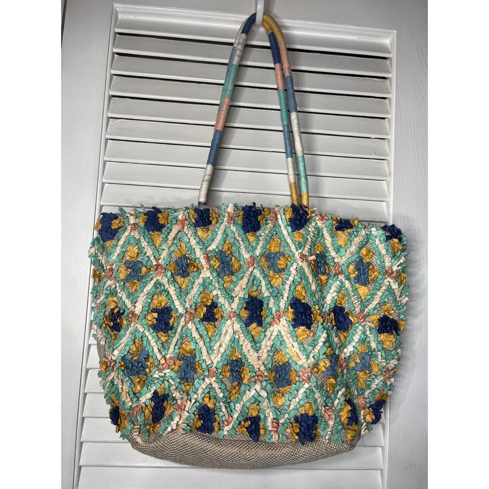 Spring colors raffia handbag New without Tags blue teal gold large